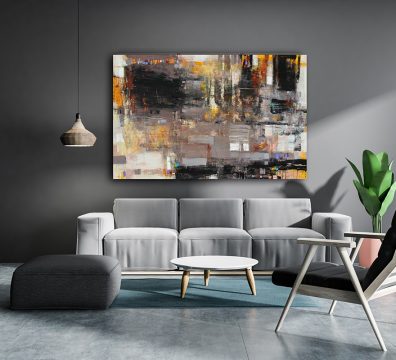 Gray living room interior with concrete floor, gray armchair and sofa, a round coffee table with row of vertical mock up poster frames. 3d rendering